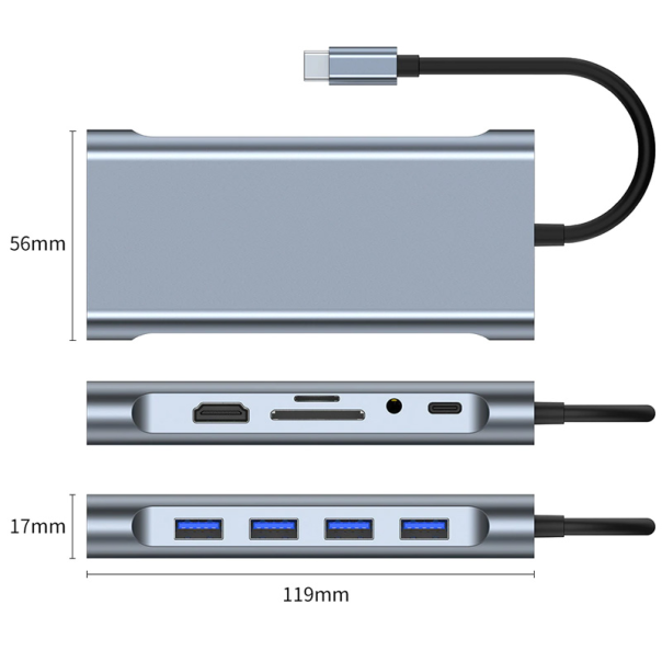 Adapter Type C na LAN Gb, SD card, TF, Type C, 4xUSB 3.0, Audio, HDMI i VGA 11 u 1 20cm kabl - 207963