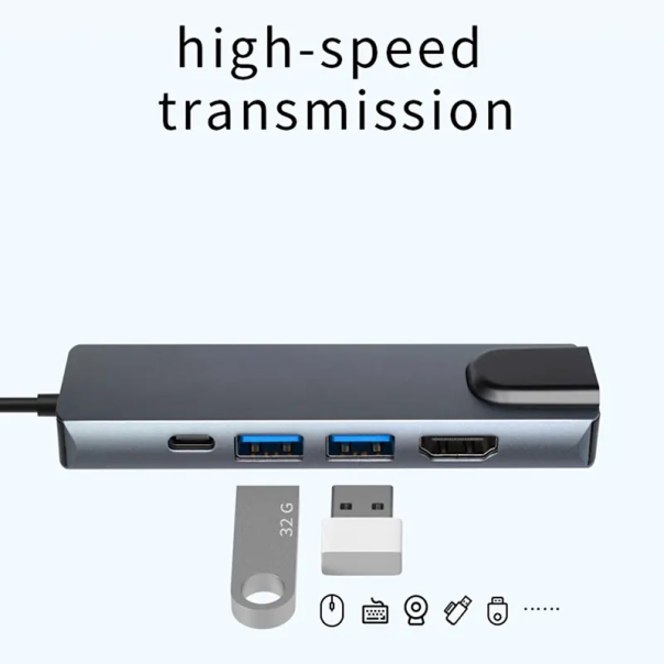 Adapter Type C na LAN Gb, Type C, 2xUSB 3.0 i HDMI 5u1 20cm kabl - 207956-1-1