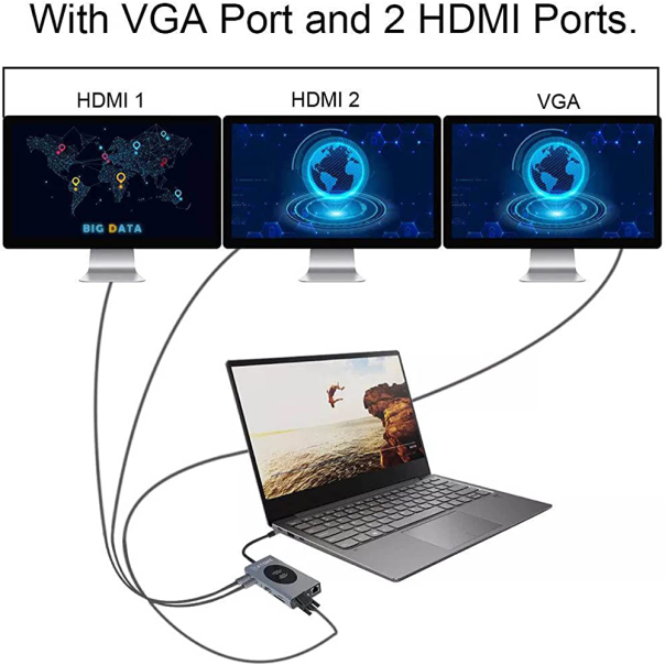 Adapter Type C na LAN Gb Wireless PC SD card TF Type C 3xUSB Audio 2xHDMI i VGA 14 u 1 20cm - 207959