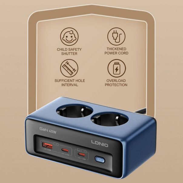 Produzni kabl LDNIO SE3, 2 uticnice, USB, 2xPD, 5u1, GAN, 45W total power - 224829-1