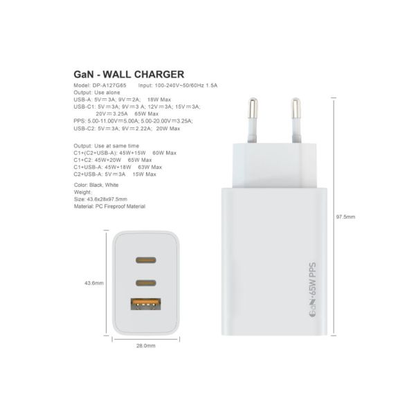 FULMOVA Zidni punjac GAN PD/65W/bela sa USB-C kablom - EP3139969