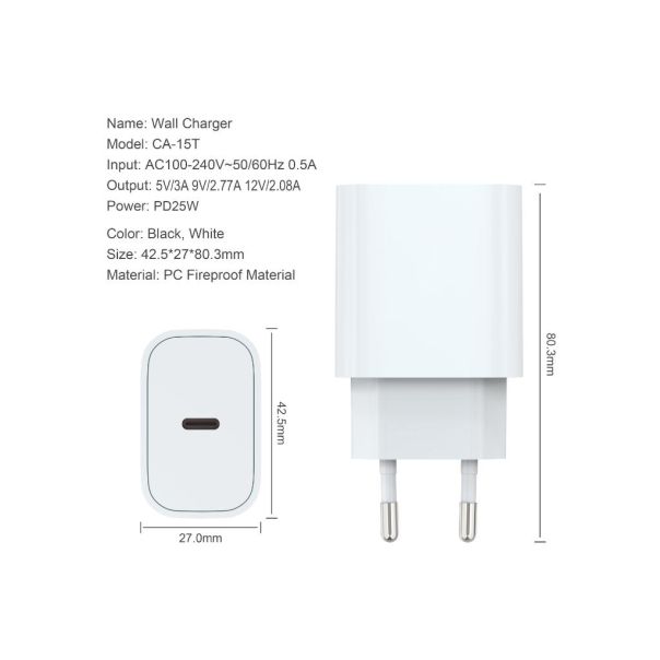 Zidni punjač FULMOVA GAN PD/25W/bela sa USB-C kablom - EP3058476