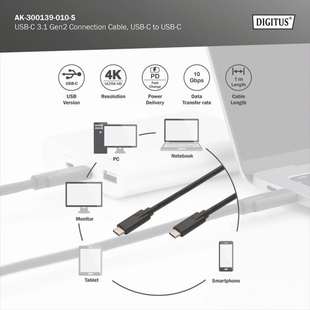 DIGITUS Kabl USB-C na USB-C 3.1 AK-300139-010-S, 1m, crna - AK-300139-010-S