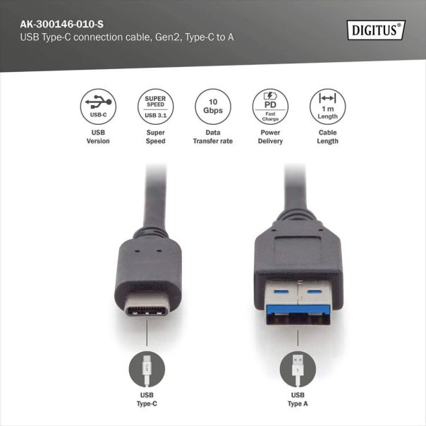 DIGITUS Kabl USB-C na USB-A, AK-300146-010-S, 1m, crna - AK-300146-010-S