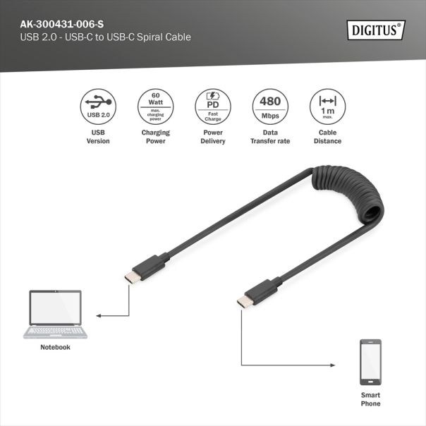 DIGITUS Spiralni kabl USB-C na USB-C 2.0 AK-300431-006-S, 32-100cm, crna - AK-300431-006-S