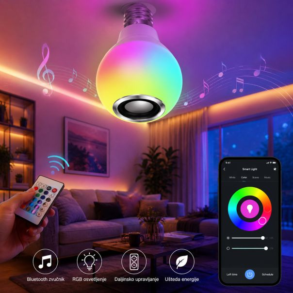 LED RGB Bluetooth sijalica sa zvučnikom 15 W, E27, daljinskim upravljač - EP3222436