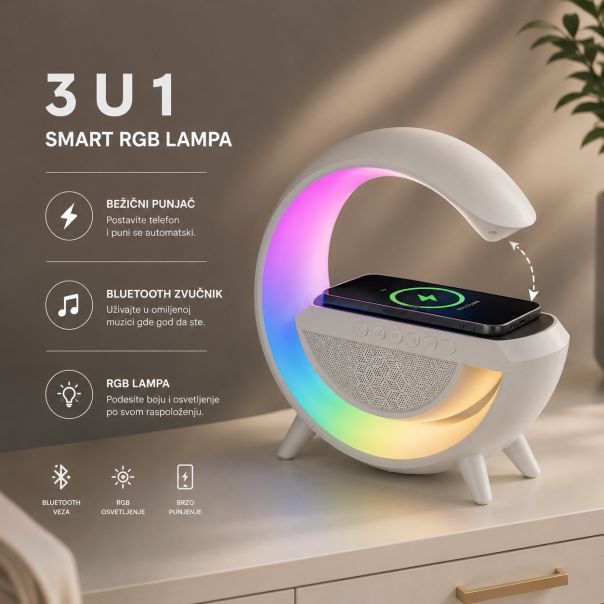 Smart RGB lampa 3 u 1 sa bežičnim punjačem i zvučnikom - EP3256145