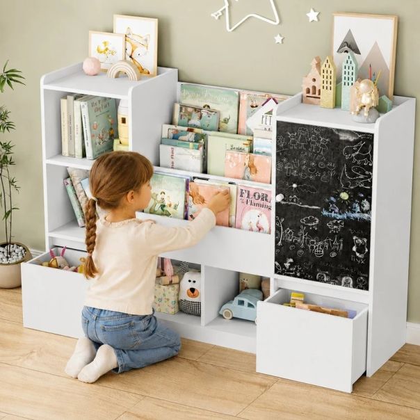 KINDER HOME organizator za dečije igračke sa tablom, policom, 2 fioke i 6 pregrada, puno drvo i MDF - EP3235165