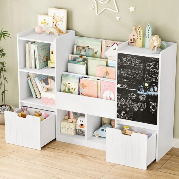 KINDER HOME organizator za dečije igračke sa tablom, policom, 2 fioke i 6 pregrada, puno drvo i MDF - EP3235165