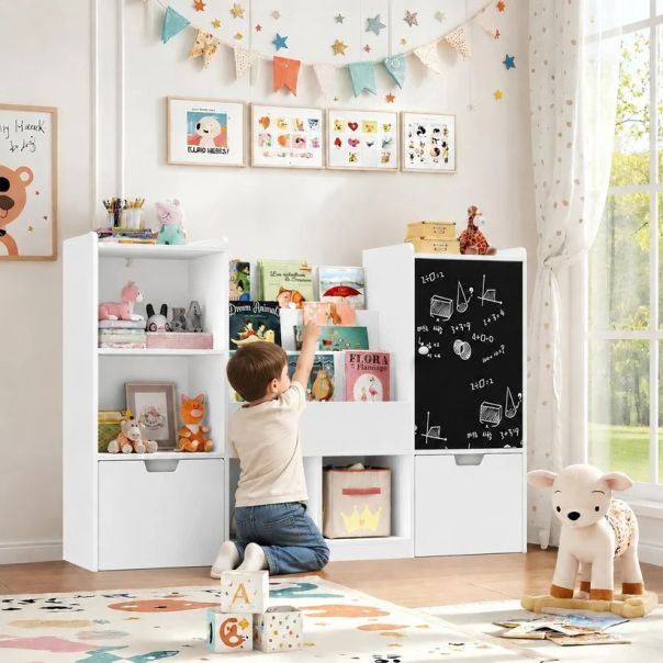KINDER HOME organizator za dečije igračke sa tablom, policom, 2 fioke i 6 pregrada, puno drvo i MDF - EP3235165