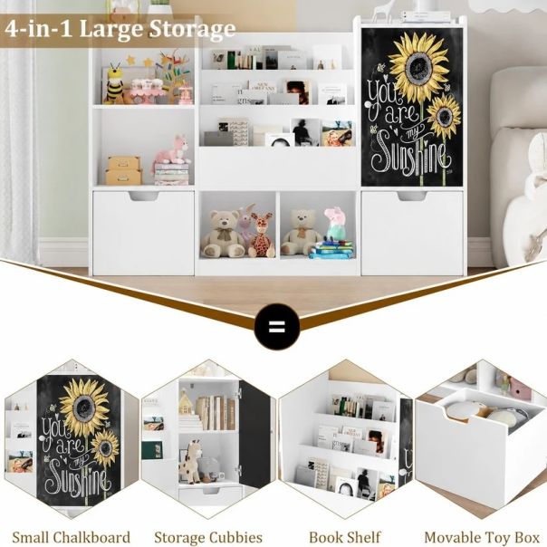 KINDER HOME organizator za dečije igračke sa tablom, policom, 2 fioke i 6 pregrada, puno drvo i MDF - EP3235165