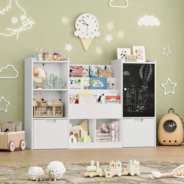KINDER HOME organizator za dečije igračke sa tablom, policom, 2 fioke i 6 pregrada, puno drvo i MDF - EP3235165