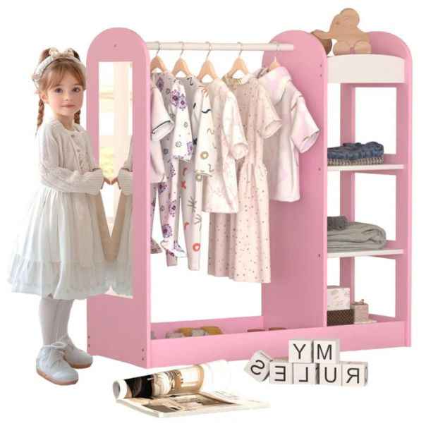KINDER HOME Dečiji stalak za odeću sa ogledalom, roze - AT-DC-2108-P