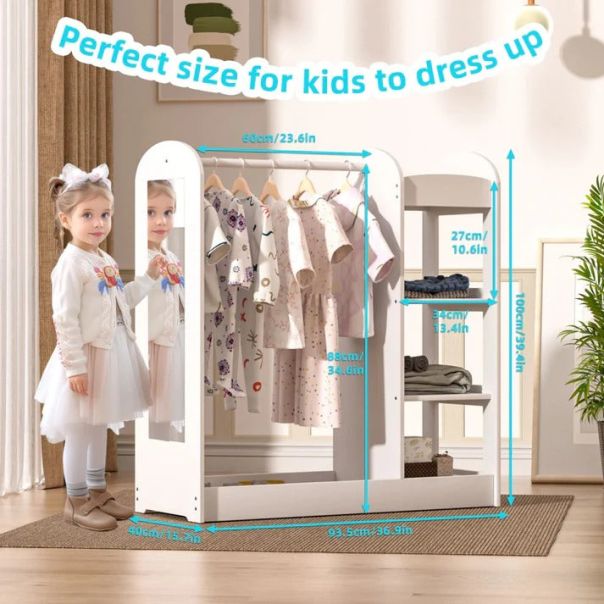 KINDER HOME Dečiji stalak za odeću sa ogledalom, bela - AT-DC-2108-V