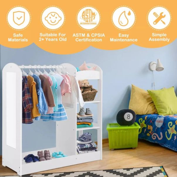 KINDER HOME Dečiji stalak za odeću sa ogledalom, bela - AT-DC-2108-V