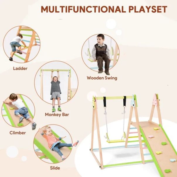 Dečiji drveni set KINDER HOME 4 u 1 – ljuljaška, tobogan, ram za penjanje i rampa za penjanje - AT-KF-2403