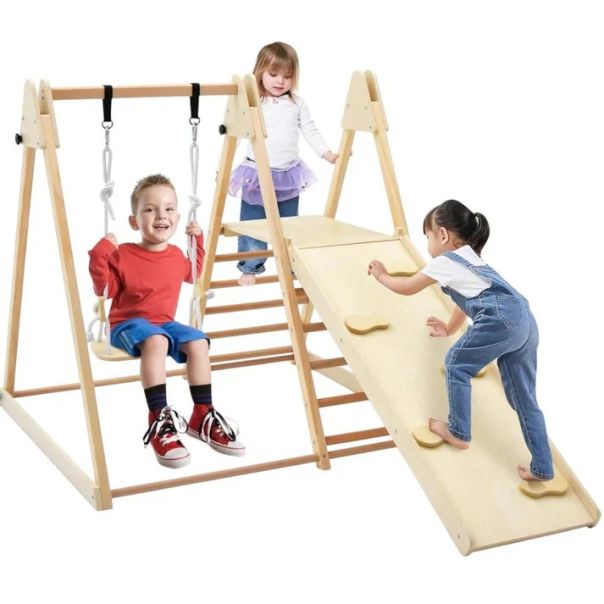 Dečiji drveni set KINDER HOME 4 u 1 – ljuljaška, tobogan, ram za penjanje i rampa za penjanje - AT-KF-2403