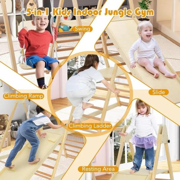 Dečiji drveni set KINDER HOME 4 u 1 – ljuljaška, tobogan, ram za penjanje i rampa za penjanje - AT-KF-2403