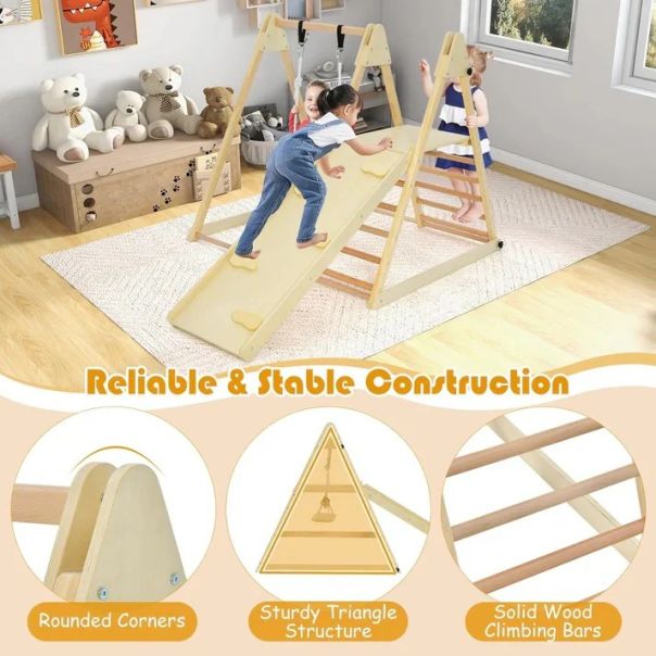 Dečiji drveni set KINDER HOME 4 u 1 – ljuljaška, tobogan, ram za penjanje i rampa za penjanje - AT-KF-2403