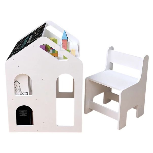 Dečiji radni sto KINDER HOME sa stolicom, policom i tablom, Montesori sto , beli, puno drvo - EP3231431
