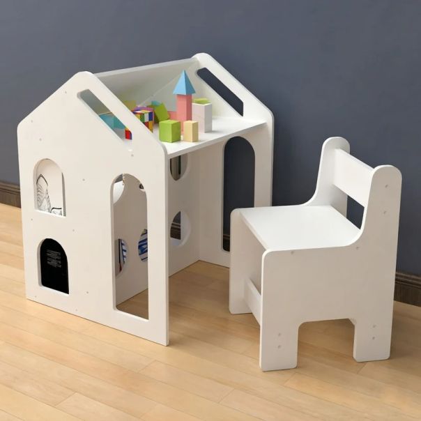 Dečiji radni sto KINDER HOME sa stolicom, policom i tablom, Montesori sto , beli, puno drvo - EP3231431