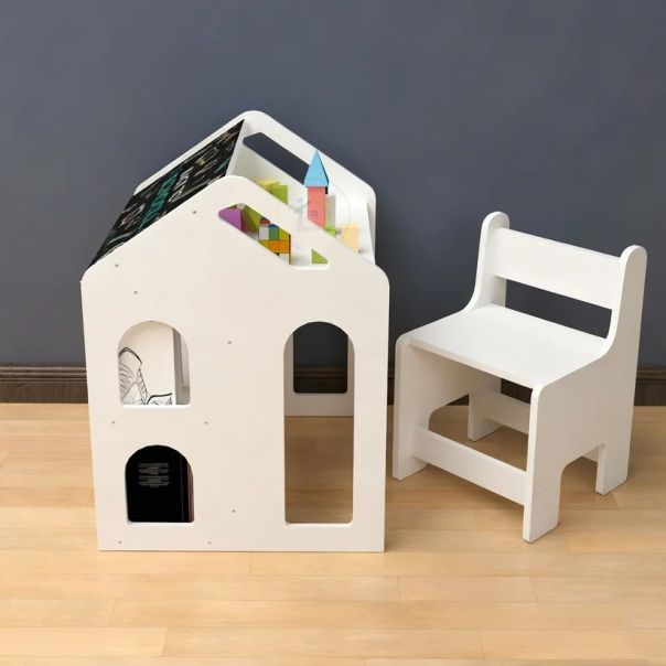 Dečiji radni sto KINDER HOME sa stolicom, policom i tablom, Montesori sto , beli, puno drvo - EP3231431