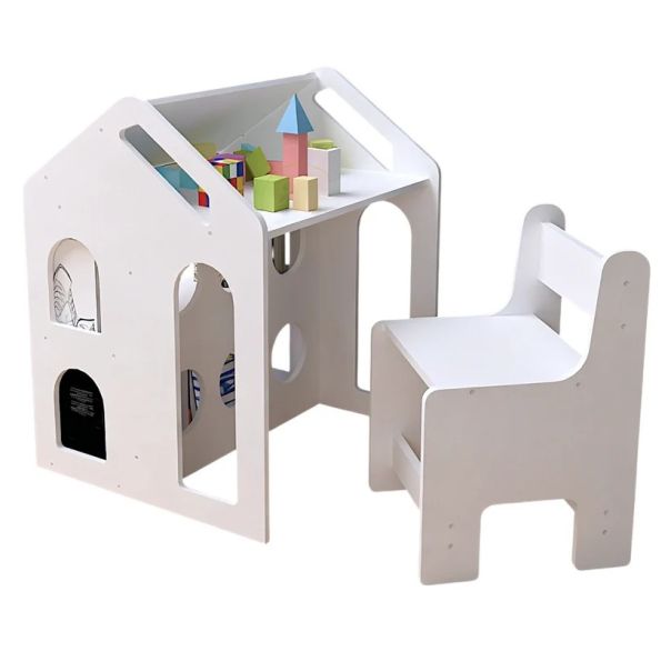 Dečiji radni sto KINDER HOME sa stolicom, policom i tablom, Montesori sto , beli, puno drvo - EP3231431