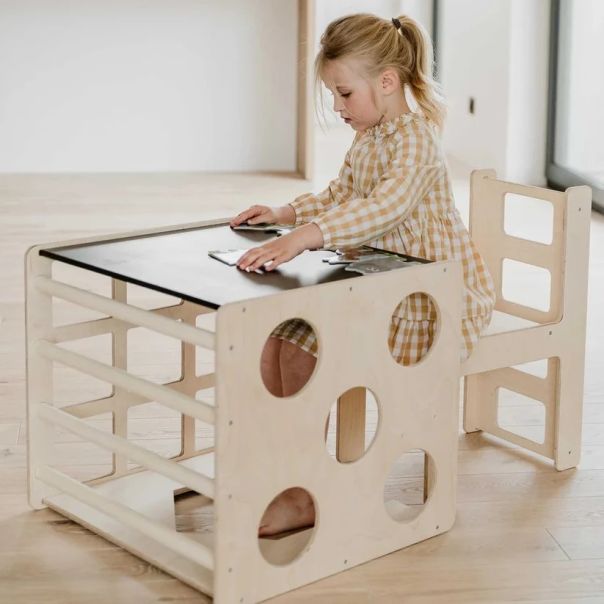 Montesori set 2 u 1 KINDER HOME, dečiji sto sa stolicom i kockom za penjanje, prirodno drvo - EP3231427