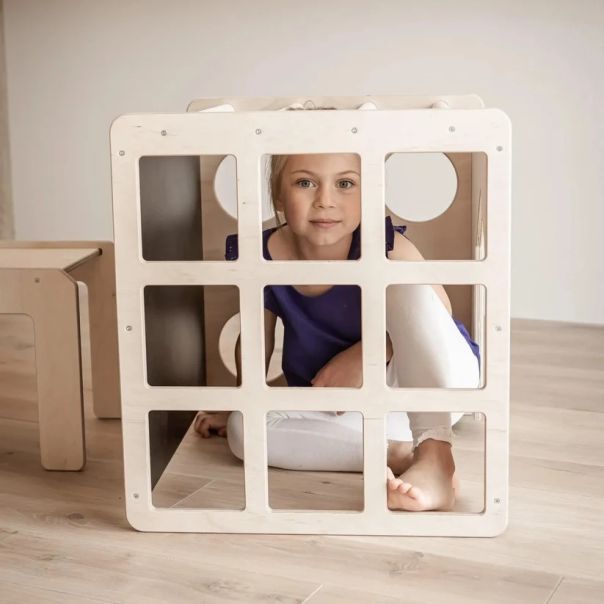 Montesori set 2 u 1 KINDER HOME, dečiji sto sa stolicom i kockom za penjanje, prirodno drvo - EP3231427