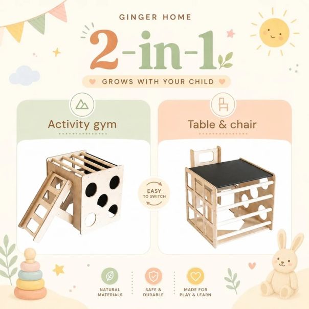 Montesori set 2 u 1 KINDER HOME, dečiji sto sa stolicom i kockom za penjanje, prirodno drvo - EP3231427