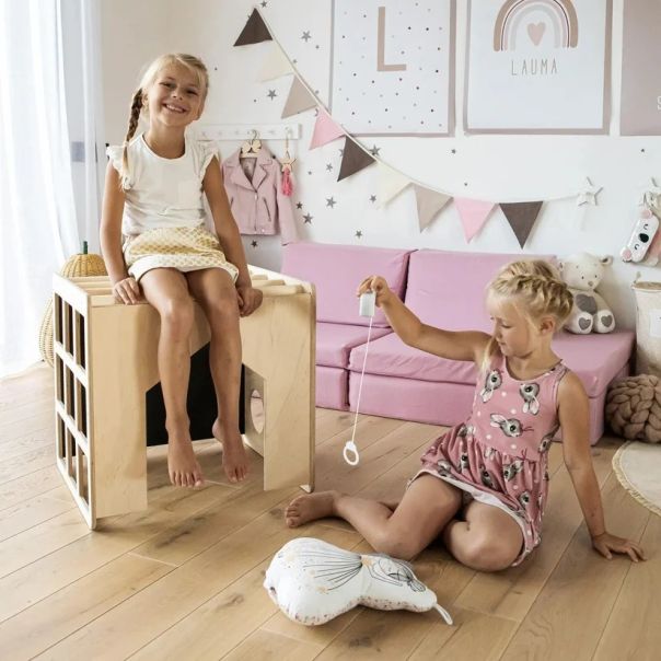 Montesori set 2 u 1 KINDER HOME, dečiji sto sa stolicom i kockom za penjanje, prirodno drvo - EP3231427