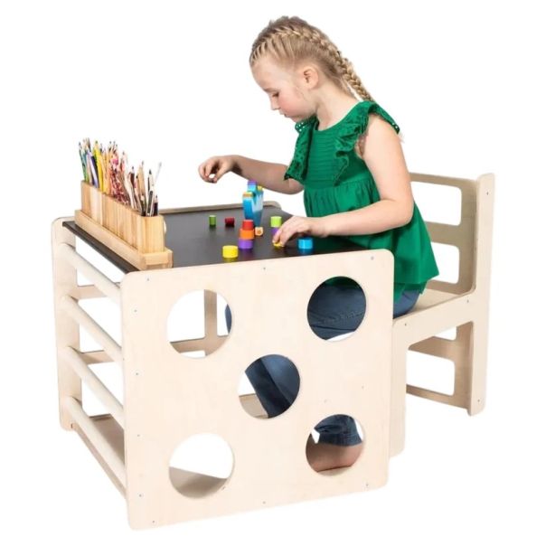 Montesori set 2 u 1 KINDER HOME, dečiji sto sa stolicom i kockom za penjanje, prirodno drvo - EP3231427