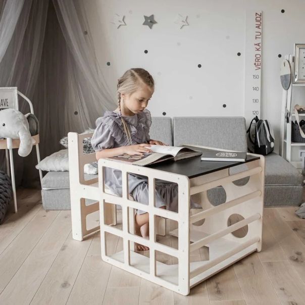 Montesori set 2 u 1 KINDER HOME, dečiji sto sa stolicom i kockom za penjanje, prirodno drvo - EP3231427