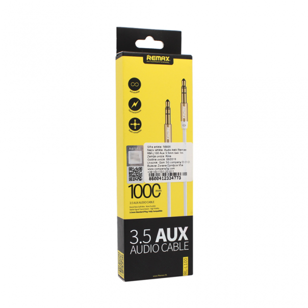 Audio kabl REMAX RM-L100 Aux 3.5mm beli 1m - 56608