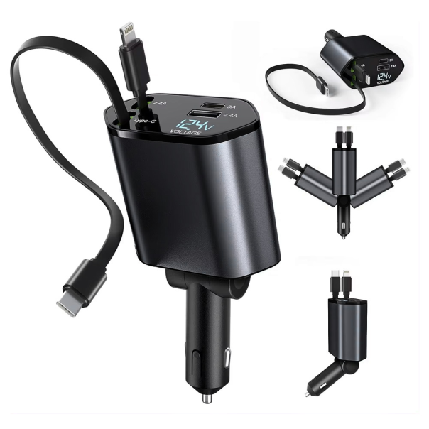 Auto punjač C1 4u1 PD 3A, USB 2.4A 120W (total) sa Type C/lightning kablom tamno sivi - 216087-1