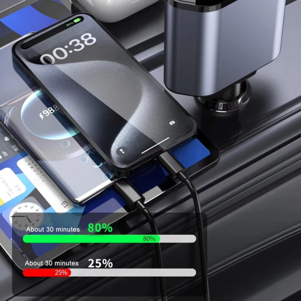 Auto punjač C1 4u1 PD 3A, USB 2.4A 120W (total) sa Type C/lightning kablom tamno sivi - 216087-1