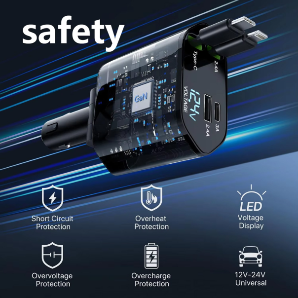 Auto punjač C1 4u1 PD 3A, USB 2.4A 120W (total) sa Type C/lightning kablom tamno sivi - 216087-1