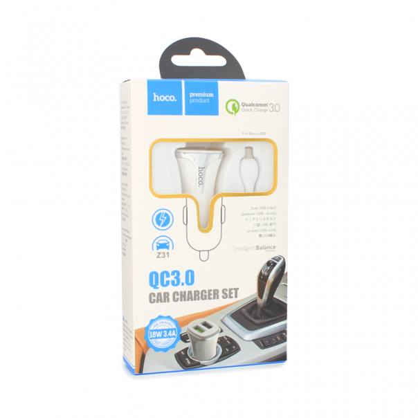 Auto punjac HOCO Z31 QC3.0 2xUSB sa micro USB kablom beli - 81720-1