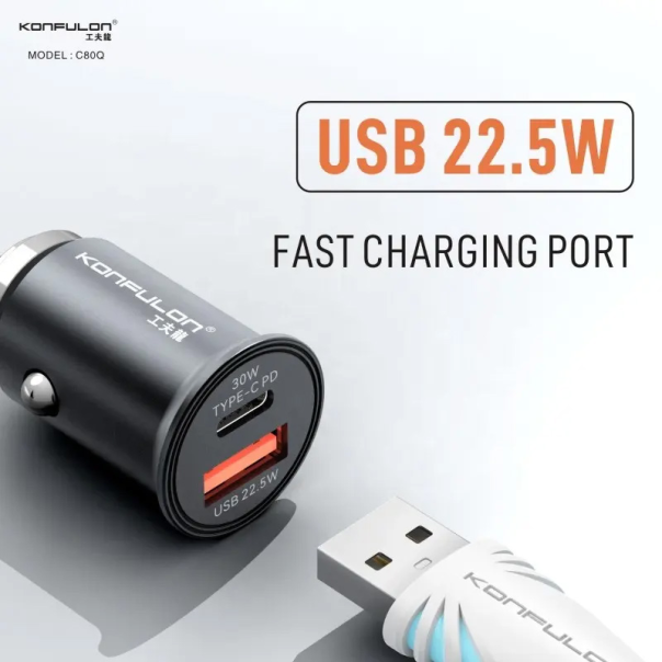 Auto punjac KONFULON C80Q, 3.6A, QC3.0 22.5W, PD 30W sivi - 207143