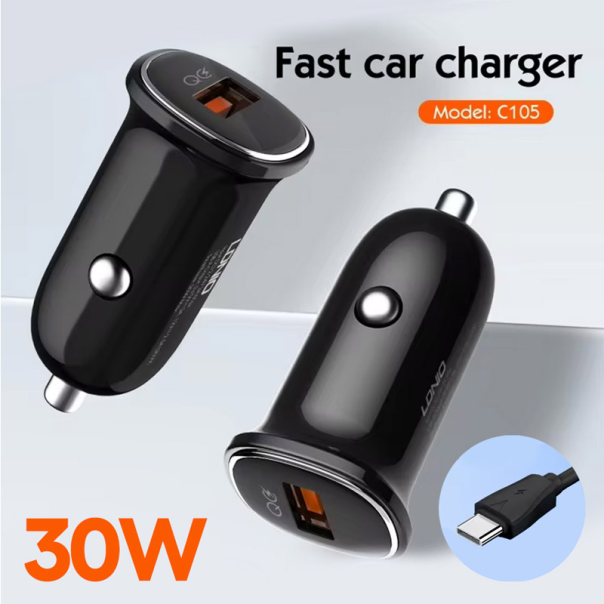 Auto punjač LDNIO C105, QC3.0, 30W USB Type-C crni 1m - 613819