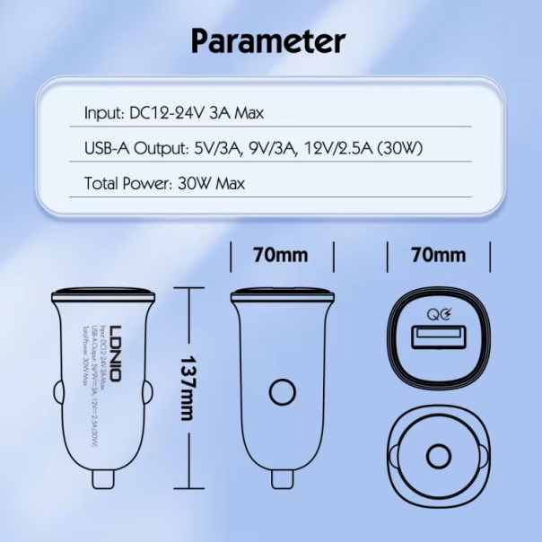 Auto punjac LDNIO C105, QC3.0, 30W USB Type C crni - 215590