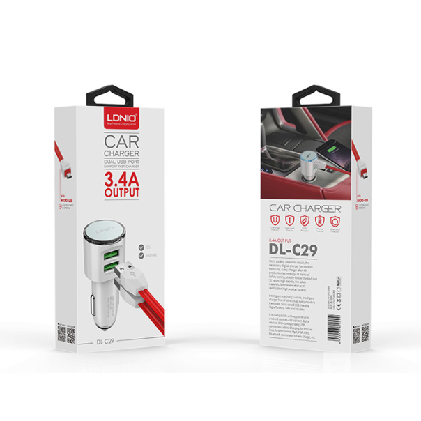 Auto punjač LDNIO DL-C29 dual USB 3.4A + Type-C kabel beli - 038029