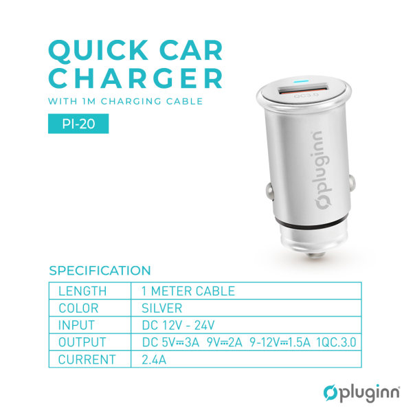 Auto punjac Pluginn PI-20 QC 3.0, 3A, 18W, sa lightning kablom srebrni - 208943