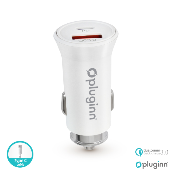 Auto punjač Pluginn PI-21S, PD 20W, QC 3.0 18W, sa Type C kablom beli - 208947