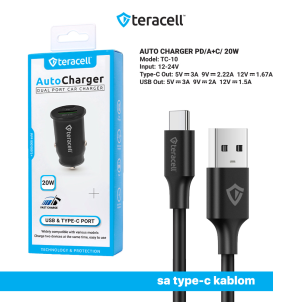Auto punjač Teracell Evolution TC-10 PD 20W, USB QC3.0 15W sa Type C kablom crni - 208120-1