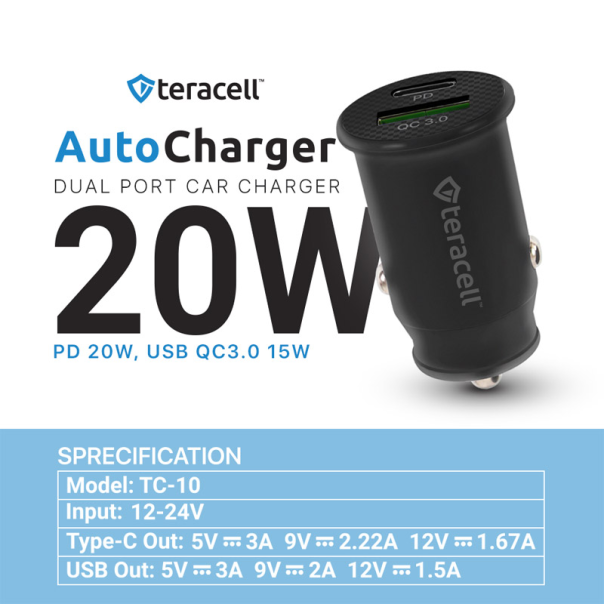Auto punjač Teracell Evolution TC-10 PD 20W, USB QC3.0 15W sa Type-C kablom crni - 601282