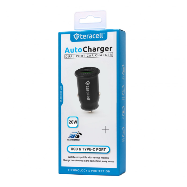 Auto punjač Teracell Evolution TC-10 PD 20W, USB QC3.0 15W sa Type-C kablom crni - 601282