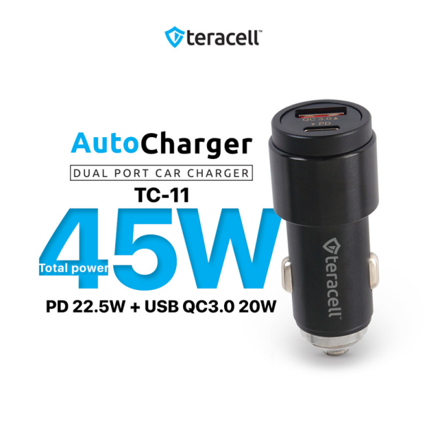 Auto punjač Teracell Evolution TC-11 PD 22.5W + USB QC3.0 20W, 45W (total) sa Lightning kablom crni - 601400