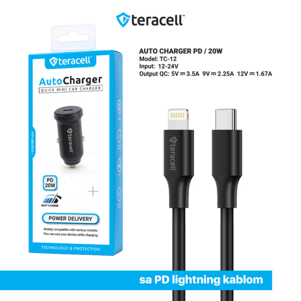 Auto punjač Teracell Evolution TC-12 PD 20W crni sa PD Lightning kablom crni - 601403
