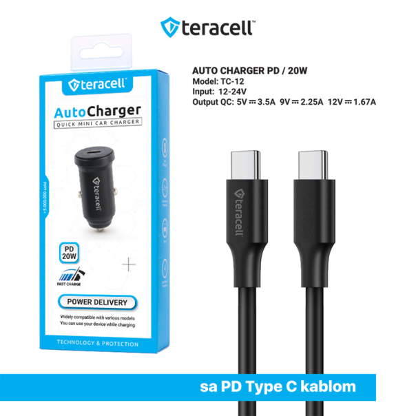 Auto punjač Teracell Evolution TC-12 PD 20W crni sa PD Type-C kablom crni - 601404